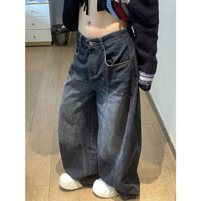 Black Womens Jeans High Waist Vintage Design Hip Hop Straight Baggy Denim Pants Street Y2K American Style Wide Leg Denim Trouser