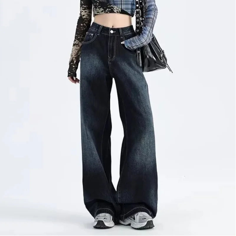 American Retro Wide-leg Jeans Women in Spring and Autumn New High-waist Loose Draping Slimming Floor Straight Pants