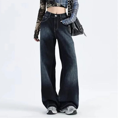 American Retro Wide-leg Jeans Women in Spring and Autumn New High-waist Loose Draping Slimming Floor Straight Pants