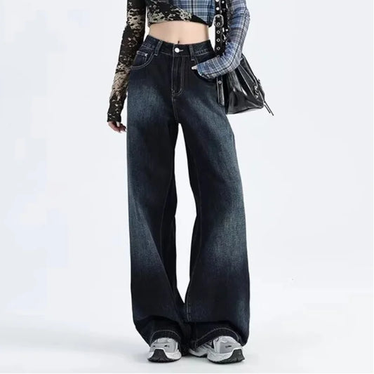 American Retro Wide-leg Jeans Women in Spring and Autumn New High-waist Loose Draping Slimming Floor Straight Pants
