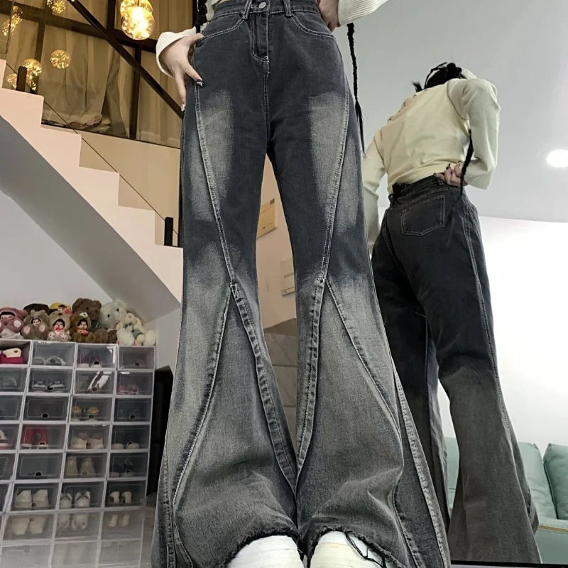 New Spring and Autumn Splicing Black and Gray Tie-dye Washing Jeans Women's Design Breasted Versatile Flared Trousers