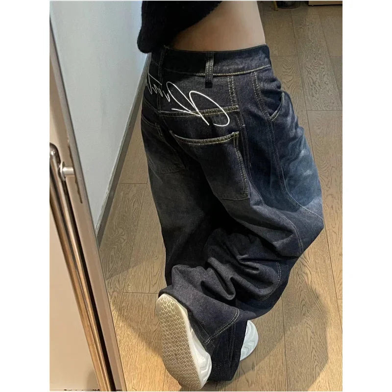 Black Womens Jeans High Waist Vintage Design Hip Hop Straight Baggy Denim Pants Street Y2K American Style Wide Leg Denim Trouser