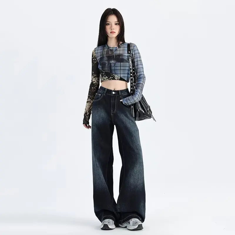 American Retro Wide-leg Jeans Women in Spring and Autumn New High-waist Loose Draping Slimming Floor Straight Pants
