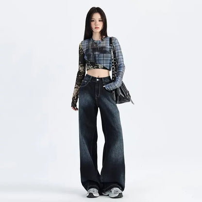 American Retro Wide-leg Jeans Women in Spring and Autumn New High-waist Loose Draping Slimming Floor Straight Pants
