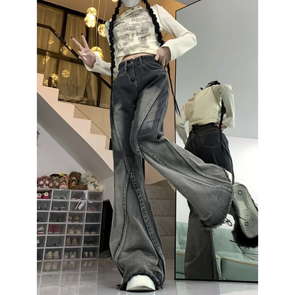 New Spring and Autumn Splicing Black and Gray Tie-dye Washing Jeans Women's Design Breasted Versatile Flared Trousers