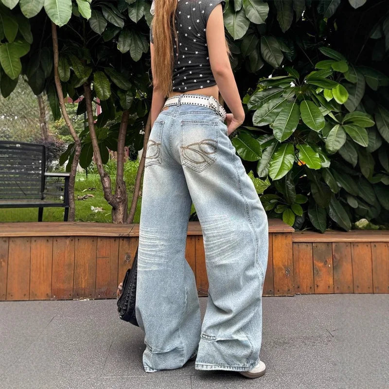American Loose Wash Pocket Embroidered Scimitar Jeans Women in Spring and Autumn New High Waist Straight Wide-leg Pants