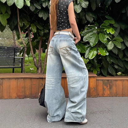 American Loose Wash Pocket Embroidered Scimitar Jeans Women in Spring and Autumn New High Waist Straight Wide-leg Pants