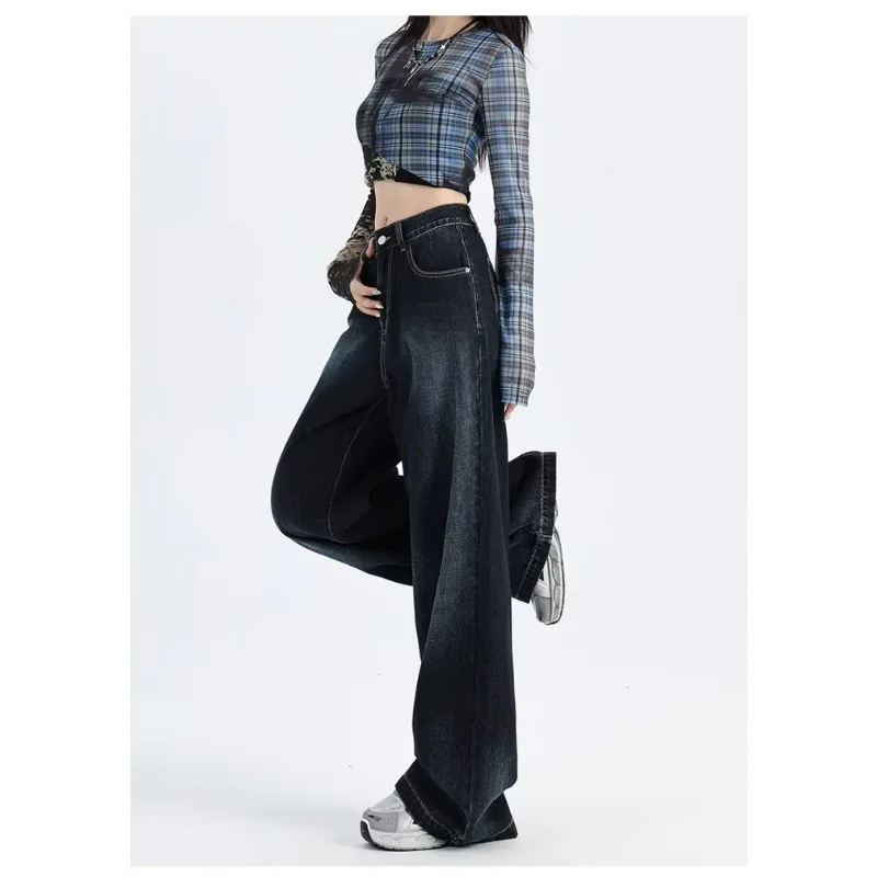 American Retro Wide-leg Jeans Women in Spring and Autumn New High-waist Loose Draping Slimming Floor Straight Pants