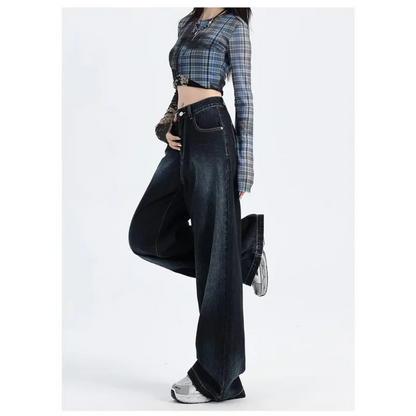 American Retro Wide-leg Jeans Women in Spring and Autumn New High-waist Loose Draping Slimming Floor Straight Pants