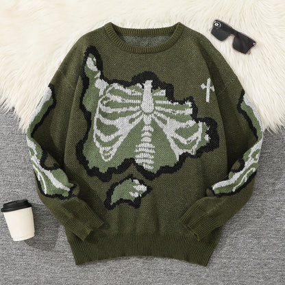 New Popular Spring and Autumn Bone-Shaped Butterfly Jacquard Pattern Pullover Sweater Casual Round Neck Contrast Color Knitted m