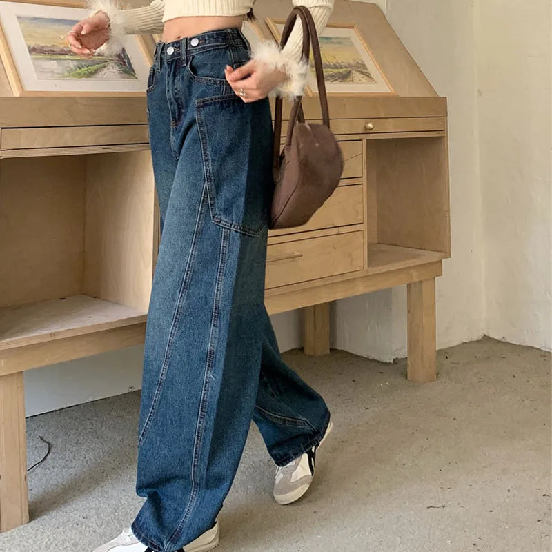 2025 Trend Women's Y2K Jeans Contour Line High Waist Denim Pants Navy Wide Leg Vintage Drag Trousers 2599