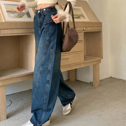 2025 Trend Women's Y2K Jeans Contour Line High Waist Denim Pants Navy Wide Leg Vintage Drag Trousers 2599