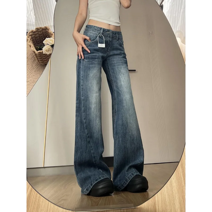 Women's Summer Hot Jeans Washing Retro American Hottie Low Waist Loose Wide-leg Floor Trousers