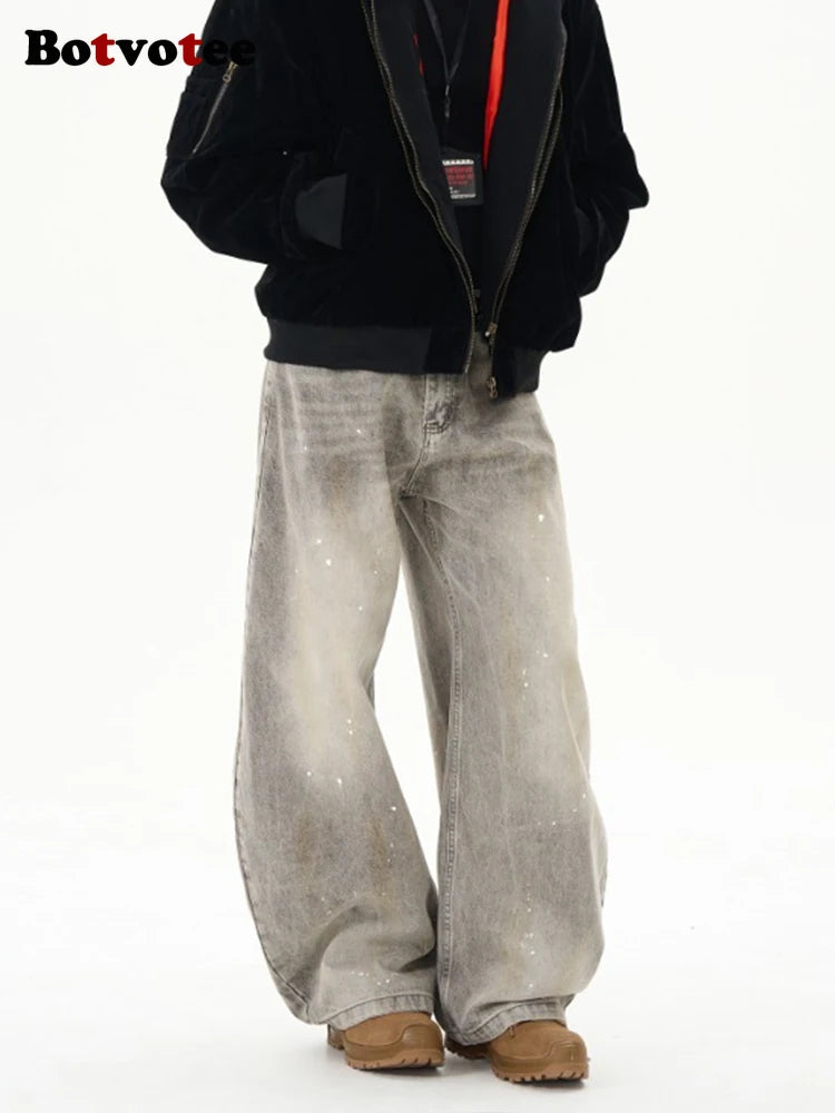 Botvotee American Vintage Splatter Paint Gray Baggy Jeans for Women High Waisted Wide Leg Y2k Loose Streetwear Jean Denim Pants