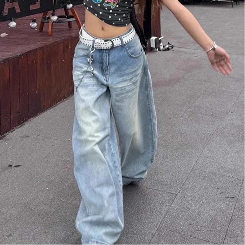 American Loose Wash Pocket Embroidered Scimitar Jeans Women in Spring and Autumn New High Waist Straight Wide-leg Pants