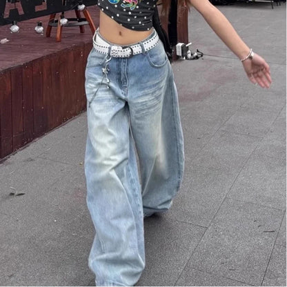American Loose Wash Pocket Embroidered Scimitar Jeans Women in Spring and Autumn New High Waist Straight Wide-leg Pants