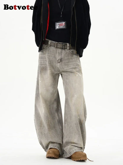 Botvotee American Vintage Splatter Paint Gray Baggy Jeans for Women High Waisted Wide Leg Y2k Loose Streetwear Jean Denim Pants