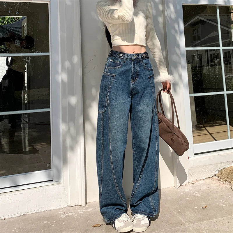 2025 Trend Women's Y2K Jeans Contour Line High Waist Denim Pants Navy Wide Leg Vintage Drag Trousers 2599