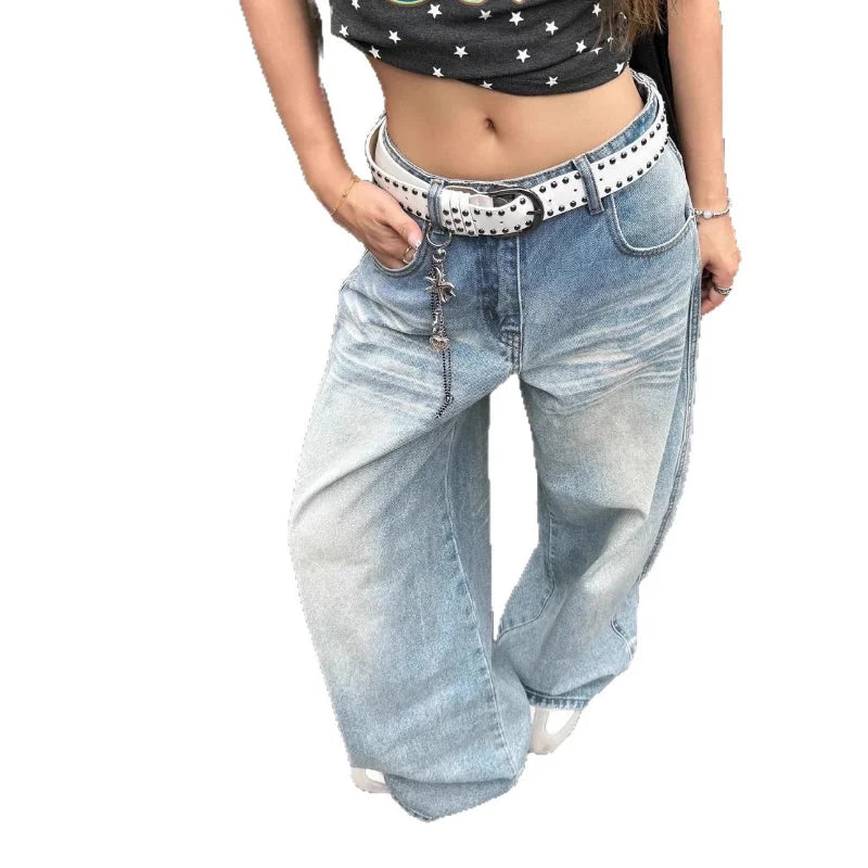 American Loose Wash Pocket Embroidered Scimitar Jeans Women in Spring and Autumn New High Waist Straight Wide-leg Pants