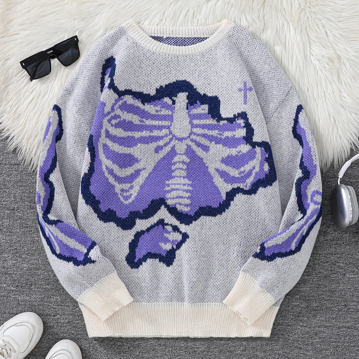 New Popular Spring and Autumn Bone-Shaped Butterfly Jacquard Pattern Pullover Sweater Casual Round Neck Contrast Color Knitted m