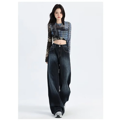American Retro Wide-leg Jeans Women in Spring and Autumn New High-waist Loose Draping Slimming Floor Straight Pants