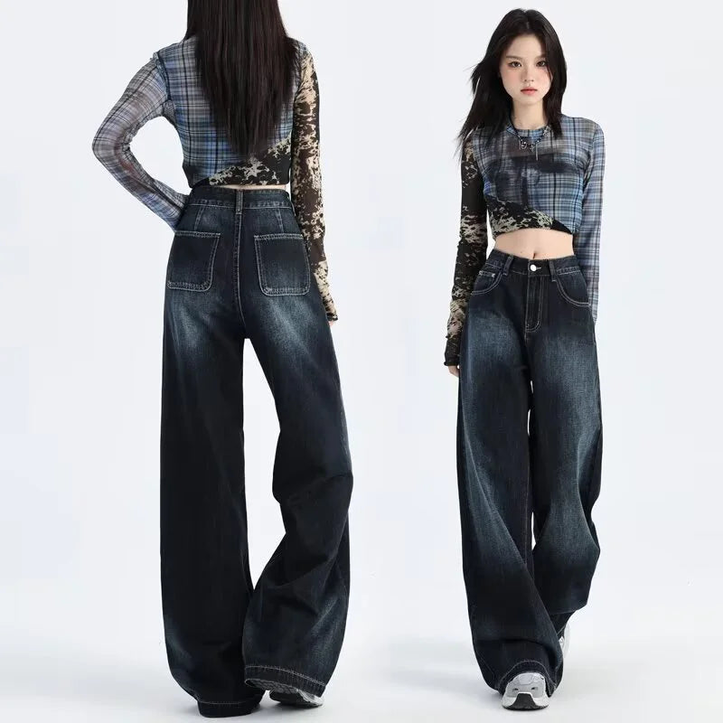American Retro Wide-leg Jeans Women in Spring and Autumn New High-waist Loose Draping Slimming Floor Straight Pants