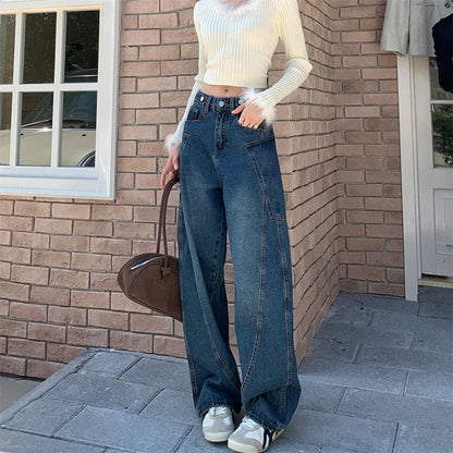 2025 Trend Women's Y2K Jeans Contour Line High Waist Denim Pants Navy Wide Leg Vintage Drag Trousers 2599