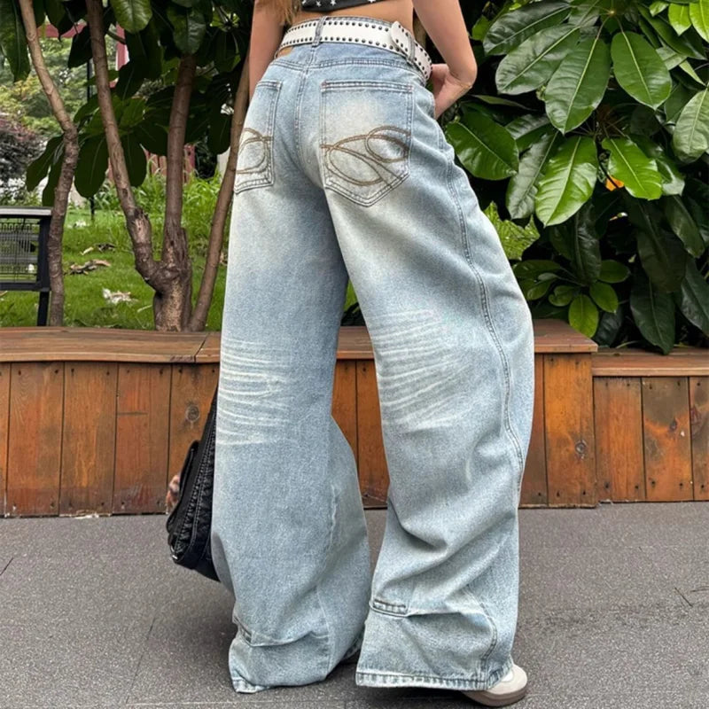 American Loose Wash Pocket Embroidered Scimitar Jeans Women in Spring and Autumn New High Waist Straight Wide-leg Pants