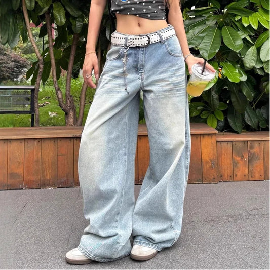 American Loose Wash Pocket Embroidered Scimitar Jeans Women in Spring and Autumn New High Waist Straight Wide-leg Pants