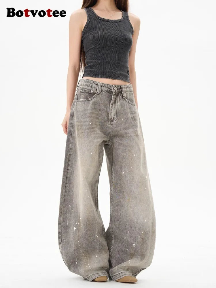 Botvotee American Vintage Splatter Paint Gray Baggy Jeans for Women High Waisted Wide Leg Y2k Loose Streetwear Jean Denim Pants