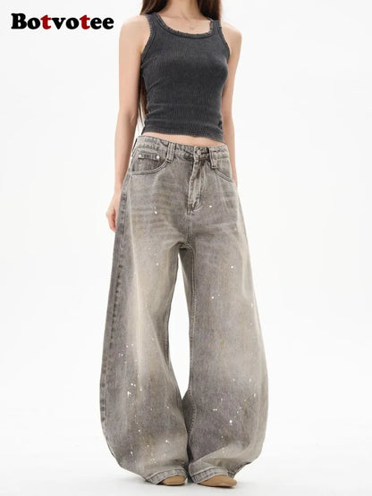 Botvotee American Vintage Splatter Paint Gray Baggy Jeans for Women High Waisted Wide Leg Y2k Loose Streetwear Jean Denim Pants