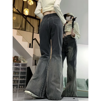 New Spring and Autumn Splicing Black and Gray Tie-dye Washing Jeans Women's Design Breasted Versatile Flared Trousers