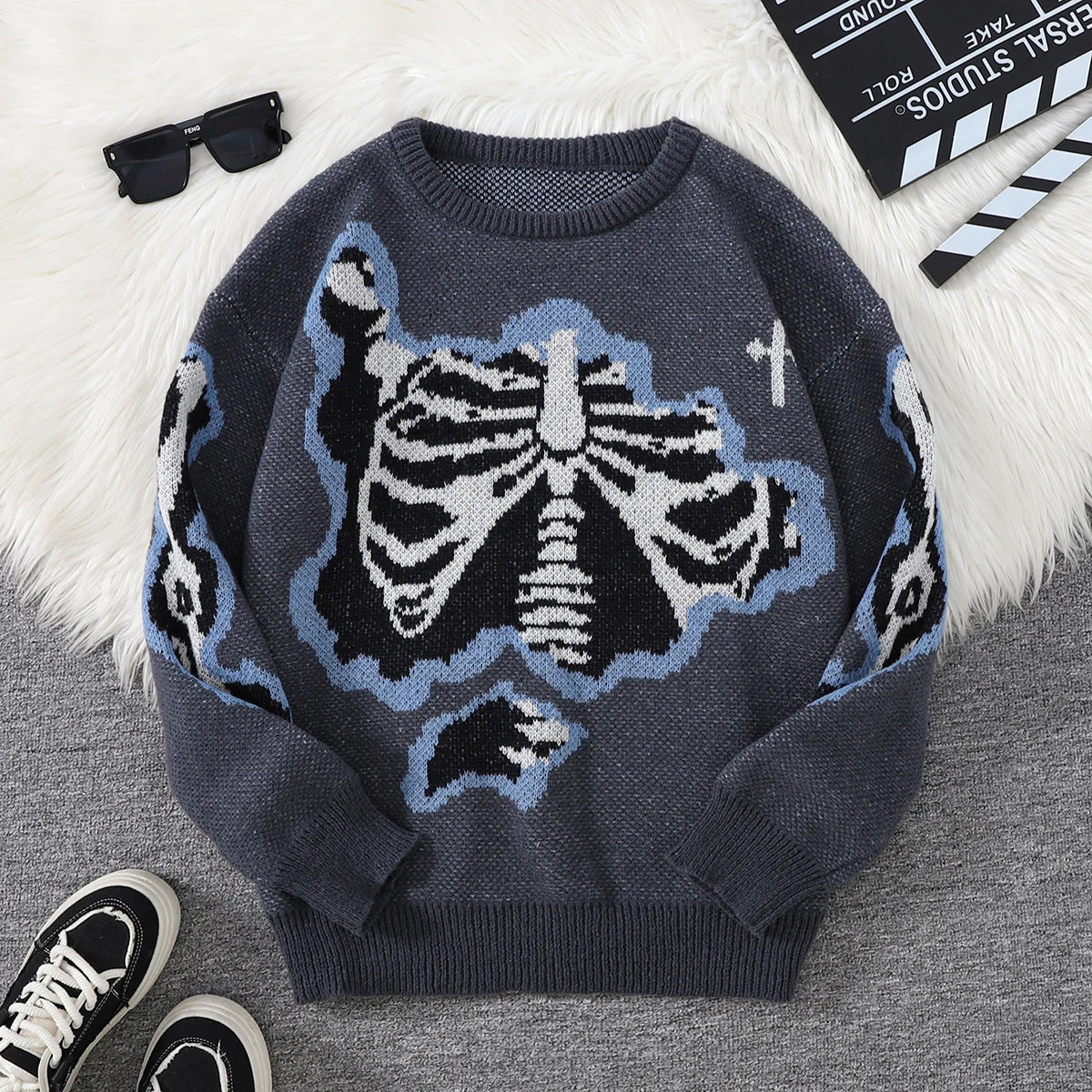 New Popular Spring and Autumn Bone-Shaped Butterfly Jacquard Pattern Pullover Sweater Casual Round Neck Contrast Color Knitted m