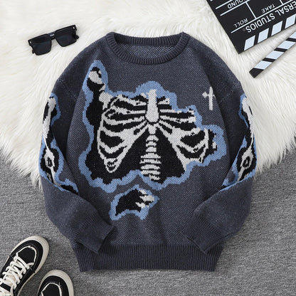 New Popular Spring and Autumn Bone-Shaped Butterfly Jacquard Pattern Pullover Sweater Casual Round Neck Contrast Color Knitted m