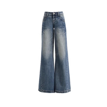 Women's Summer Hot Jeans Washing Retro American Hottie Low Waist Loose Wide-leg Floor Trousers