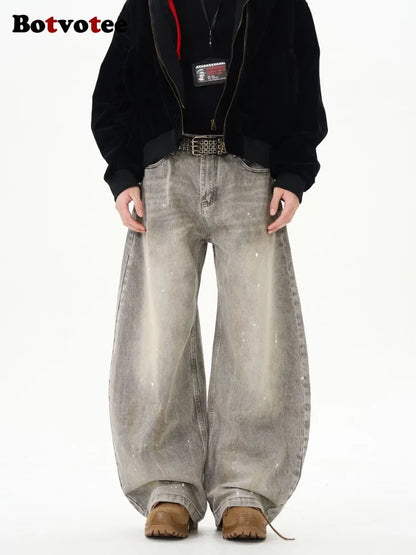 Botvotee American Vintage Splatter Paint Gray Baggy Jeans for Women High Waisted Wide Leg Y2k Loose Streetwear Jean Denim Pants