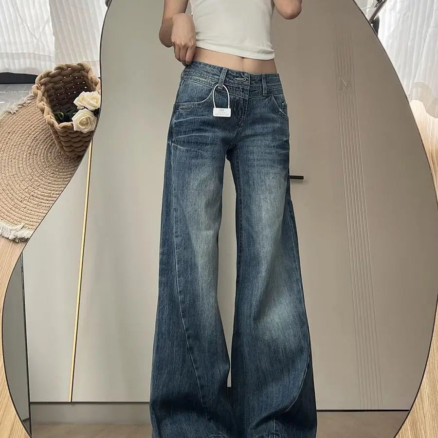 Women's Summer Hot Jeans Washing Retro American Hottie Low Waist Loose Wide-leg Floor Trousers