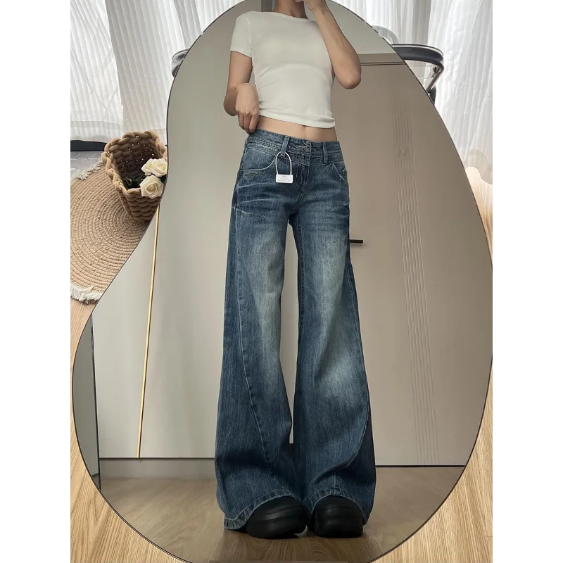 Women's Summer Hot Jeans Washing Retro American Hottie Low Waist Loose Wide-leg Floor Trousers