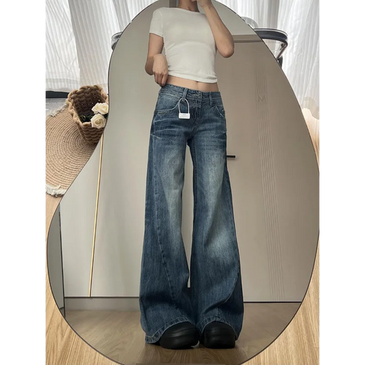 Women's Summer Hot Jeans Washing Retro American Hottie Low Waist Loose Wide-leg Floor Trousers