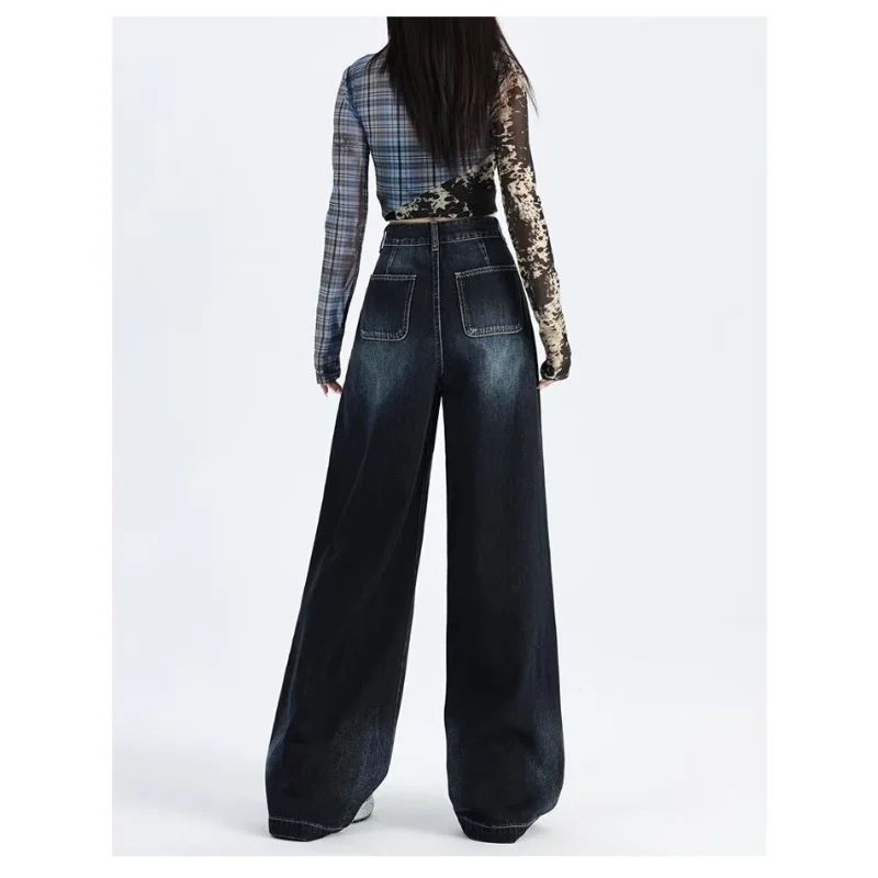American Retro Wide-leg Jeans Women in Spring and Autumn New High-waist Loose Draping Slimming Floor Straight Pants