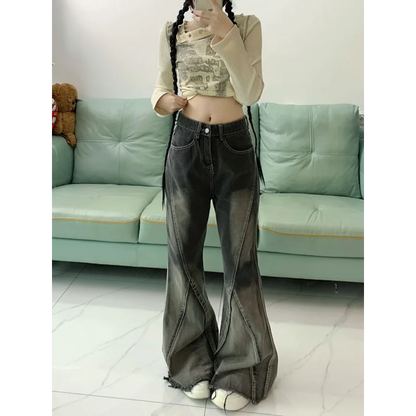 New Spring and Autumn Splicing Black and Gray Tie-dye Washing Jeans Women's Design Breasted Versatile Flared Trousers