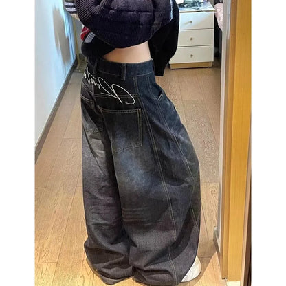 Black Womens Jeans High Waist Vintage Design Hip Hop Straight Baggy Denim Pants Street Y2K American Style Wide Leg Denim Trouser