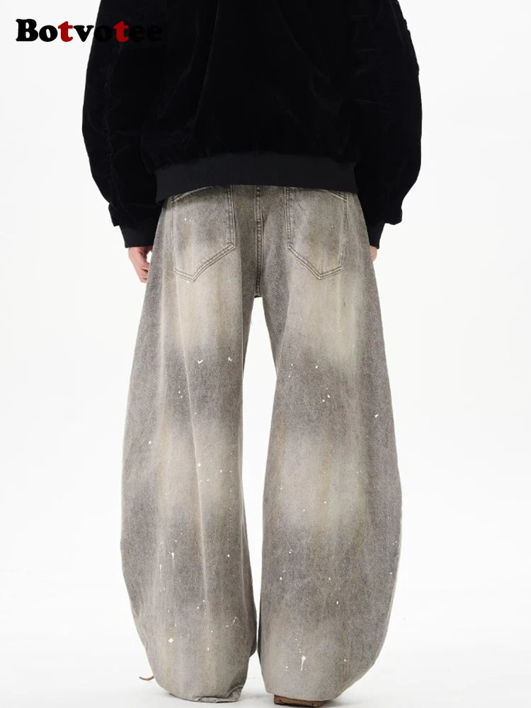 Botvotee American Vintage Splatter Paint Gray Baggy Jeans for Women High Waisted Wide Leg Y2k Loose Streetwear Jean Denim Pants