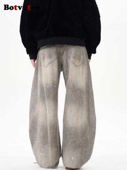 Botvotee American Vintage Splatter Paint Gray Baggy Jeans for Women High Waisted Wide Leg Y2k Loose Streetwear Jean Denim Pants