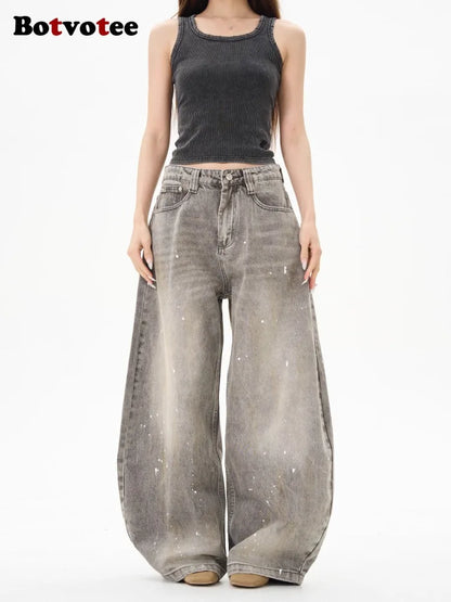 Botvotee American Vintage Splatter Paint Gray Baggy Jeans for Women High Waisted Wide Leg Y2k Loose Streetwear Jean Denim Pants