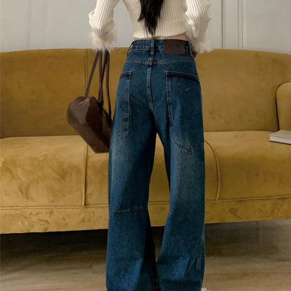 2025 Trend Women's Y2K Jeans Contour Line High Waist Denim Pants Navy Wide Leg Vintage Drag Trousers 2599