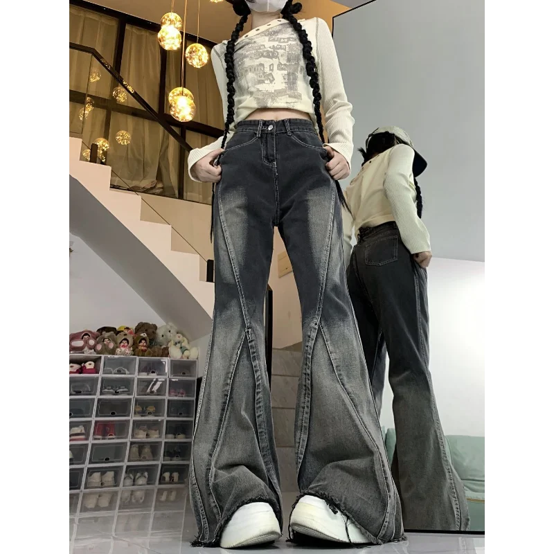 New Spring and Autumn Splicing Black and Gray Tie-dye Washing Jeans Women's Design Breasted Versatile Flared Trousers