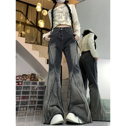 New Spring and Autumn Splicing Black and Gray Tie-dye Washing Jeans Women's Design Breasted Versatile Flared Trousers