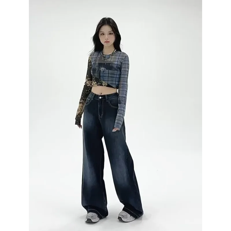 American Retro Wide-leg Jeans Women in Spring and Autumn New High-waist Loose Draping Slimming Floor Straight Pants