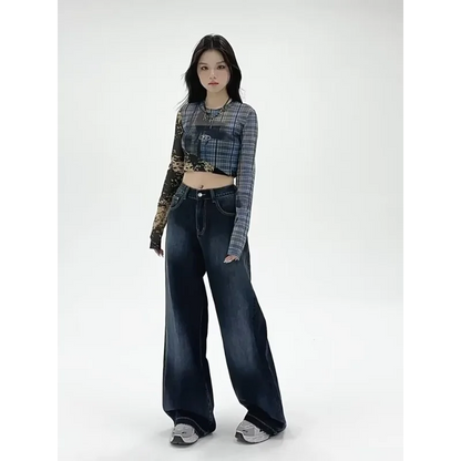 American Retro Wide-leg Jeans Women in Spring and Autumn New High-waist Loose Draping Slimming Floor Straight Pants